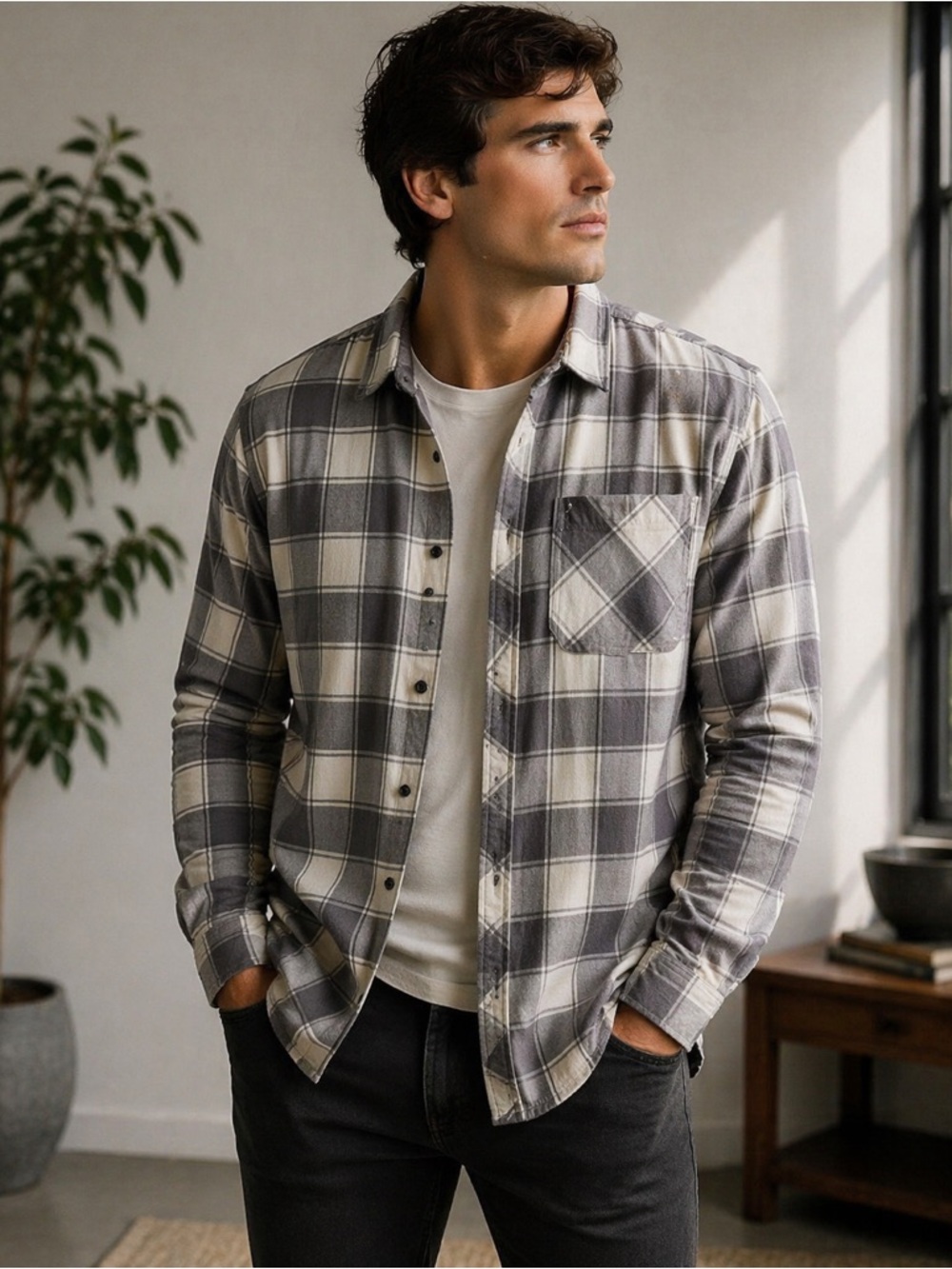 NWT Sonoma Supersoft Flannel Gray Ivory Plaid Button Down Shirt | Men’s Large